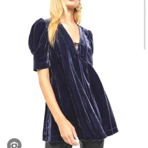 Free People Adelle Velvet Dress Indigo Lost Blue Shory Sleeve Size Medium - Picture 3 of 7